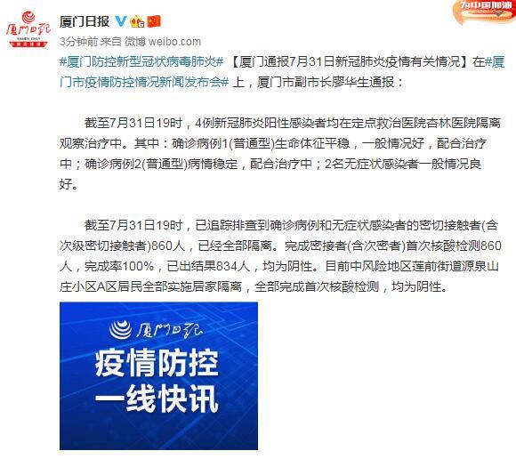厦门通报4例新冠肺炎阳性感染者排查情况:完成首次核酸检测860人...