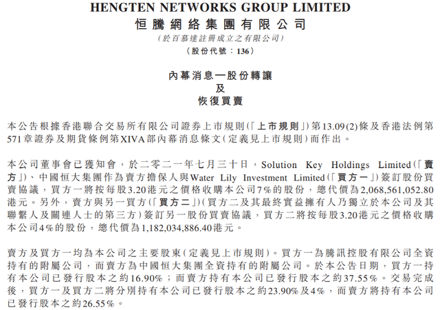 恒大32.5亿港元出售恒腾网络11%股权,腾讯接盘7%