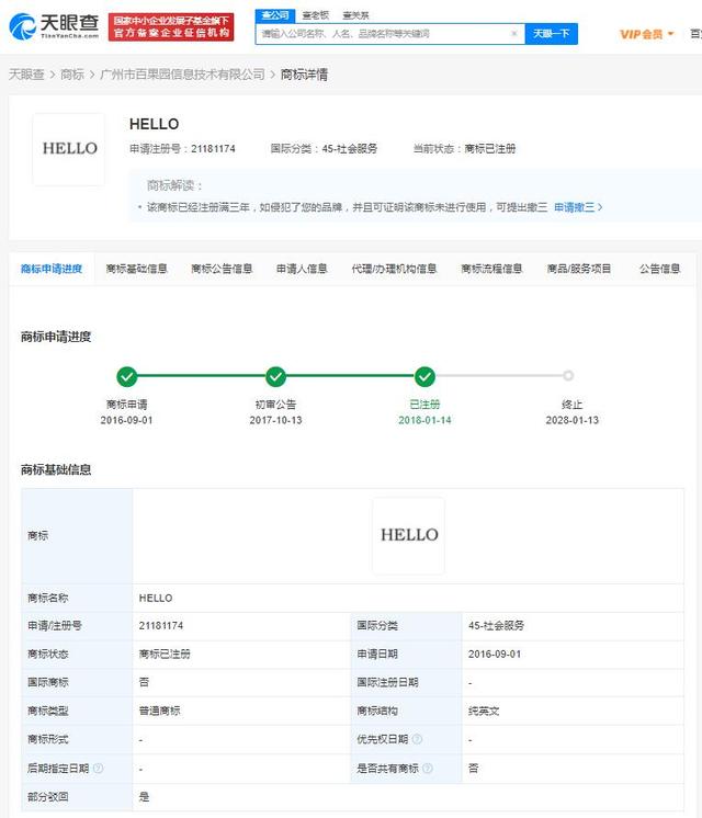 陌陌宣布更名为Hello Hello商标已被多家公司注册成功