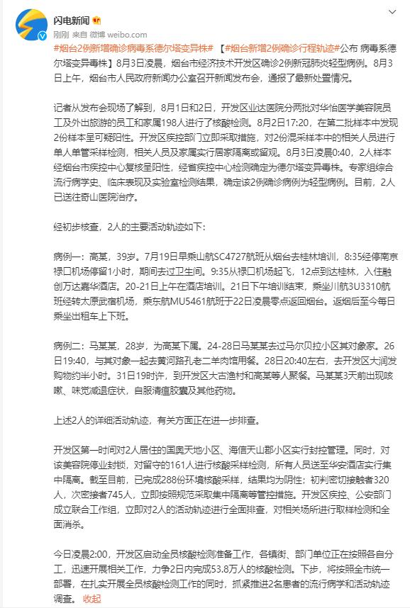 烟台新增2例确诊病毒确定为德尔塔变异毒株,行程轨迹公布