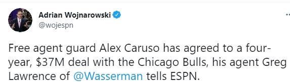 4年3700万美元加盟公牛!从双向合同到高薪,卡鲁索应该感谢湖人