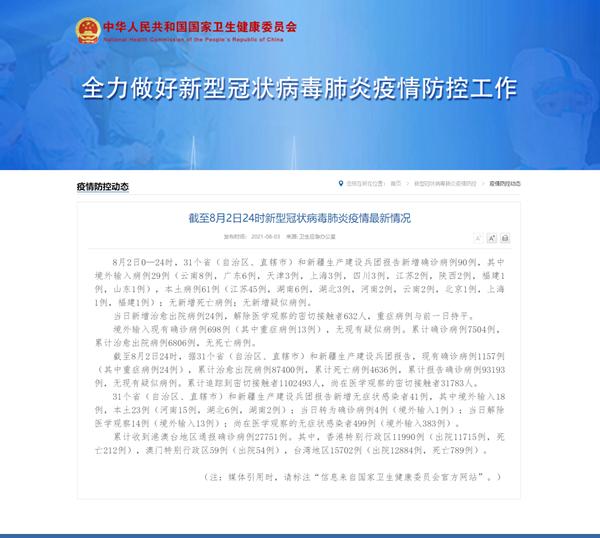 国家卫健委:8月2日新增新冠肺炎确诊病例90例 其中本土病例61例