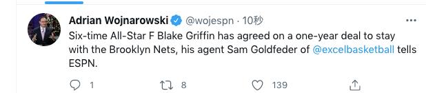 篮网自由市场首签出炉!格里芬留队,再次联手三巨头冲击总冠军