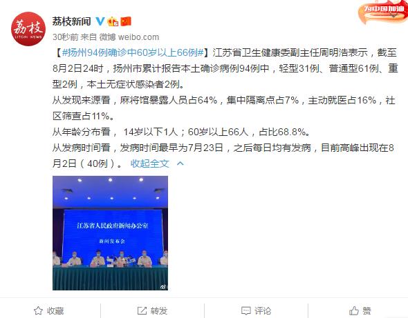 江苏:扬州94例确诊中60岁以上66例