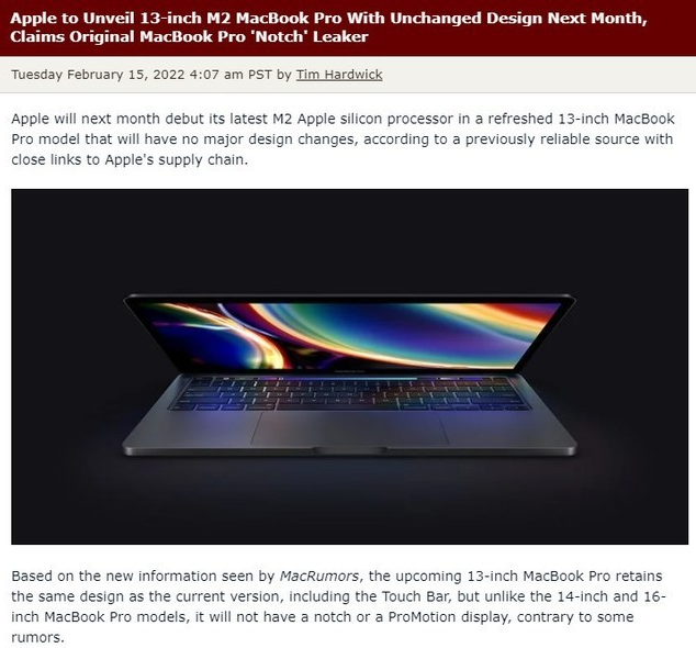 消息称苹果下月发布13英寸M2 MacBook Pro 没有刘海屏