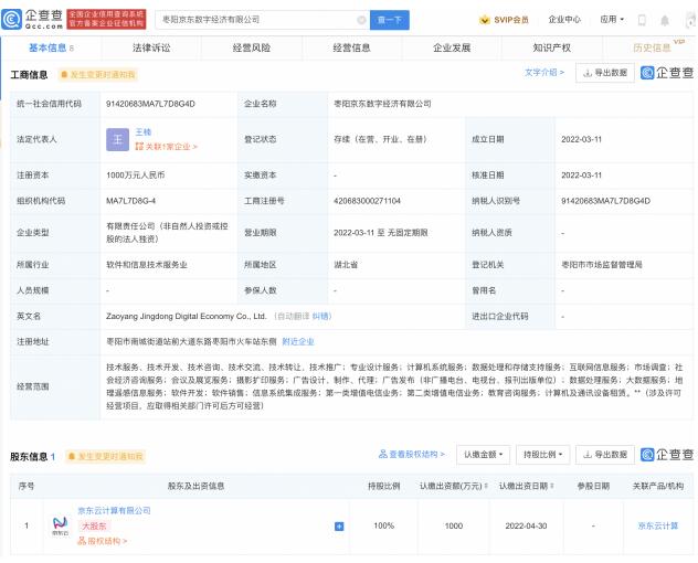 京东云计算于枣阳成立数字经济公司 注册资本1000万元
