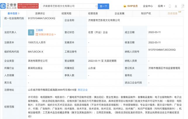 爱奇艺于济南投资成立影视文化公司 注册资本1000万