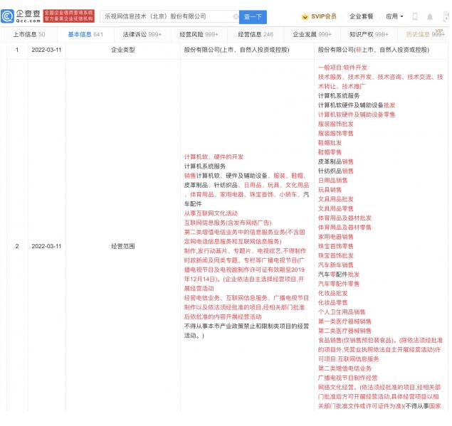 乐视网经营范围新增第一类医疗器械销售等