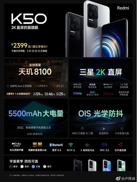Redmi K50明日开售 2399元标准版起售预约超15万