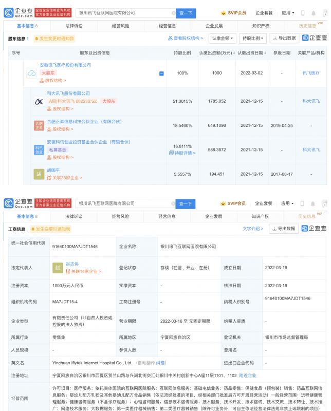 科大讯飞关联公司成立互联网医院公司 注册资本1000万元