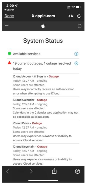 苹果发生大规模网络故障App Store 等11 项服务宕机 ，目前已恢复