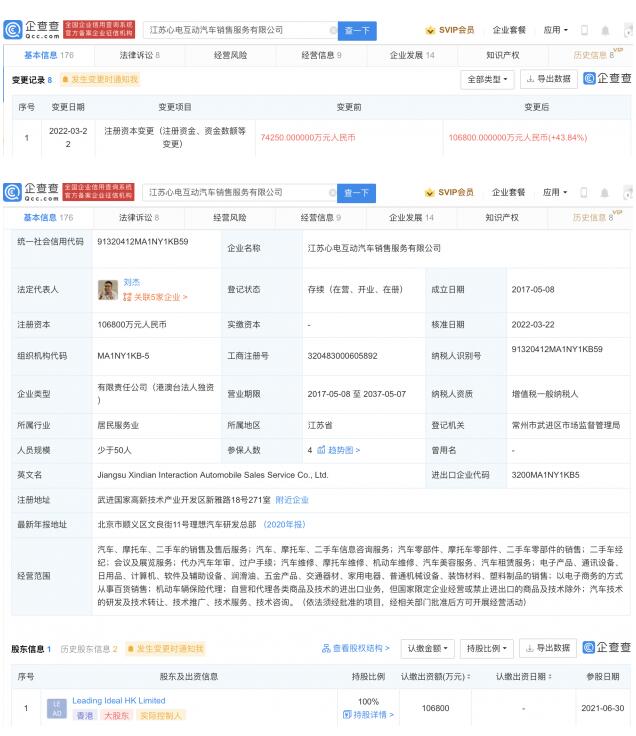 理想汽车子公司注册资本增加至10.68亿 增幅大43.84%