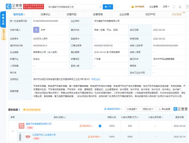 比亚迪于深圳成立新公司 注册资本500万元