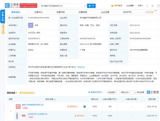 比亚迪于深圳成立新公司 注册资本500万元