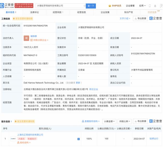 哈啰出行于大理成立新公司 注册资本100万元