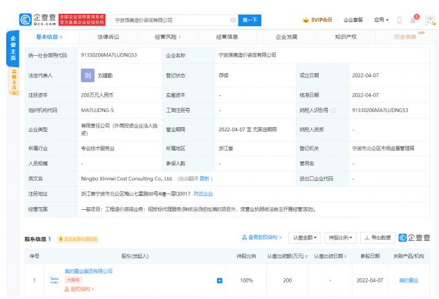 美的投资成立造价咨询公司 注册资本200万元，法人为刘建勤