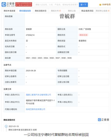 福建一公司抢注宁德时代曾毓群姓名商标 网友：这结局太舒适