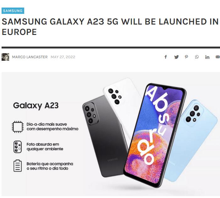 三星 Galaxy A23 5G 手机将登陆欧洲，或采用联发科芯片