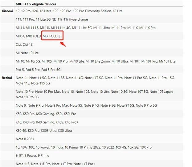 消息称小米MIX Fold2将首发MIUI 13.5 更新列表已确定